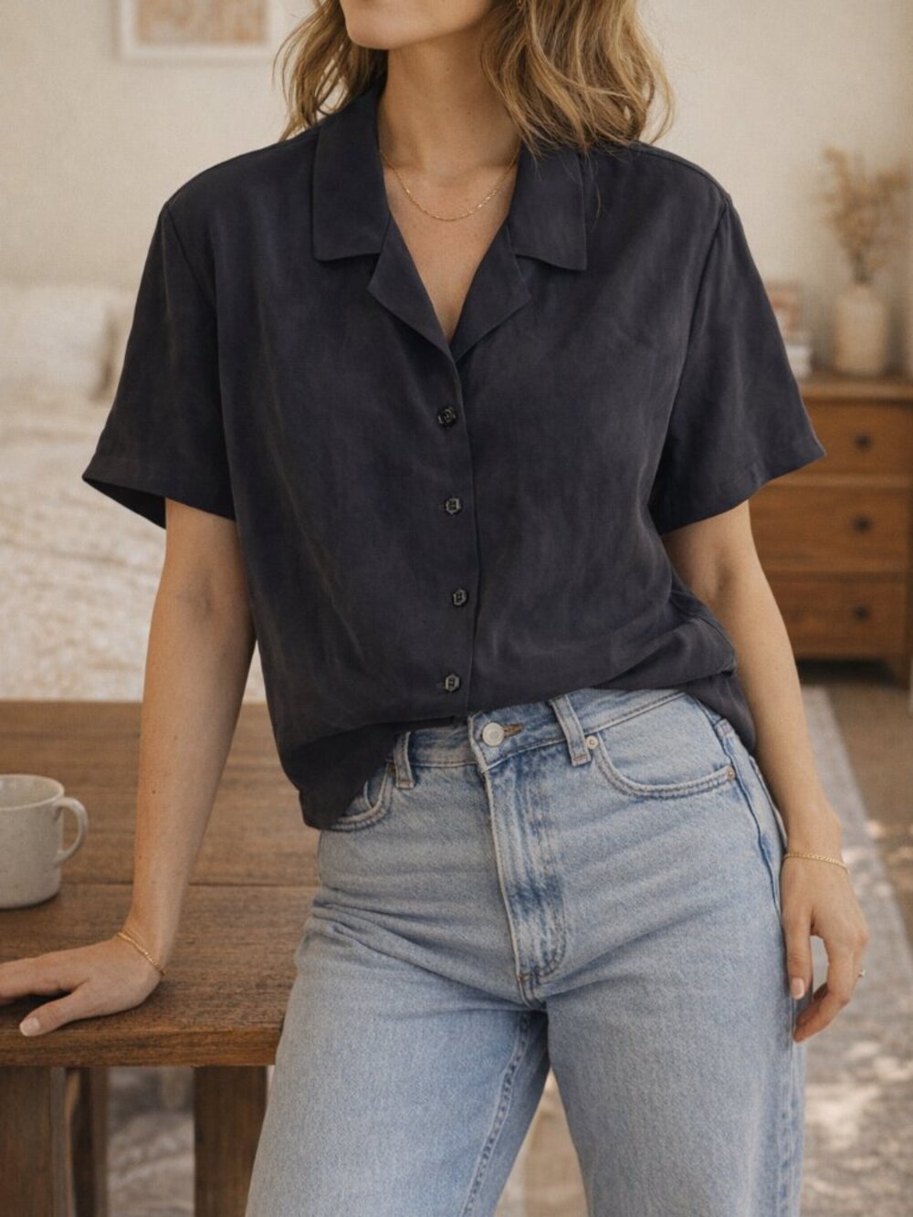 Studio 3000 Vintage 90s Short Sleeve Button-Front Top - Black